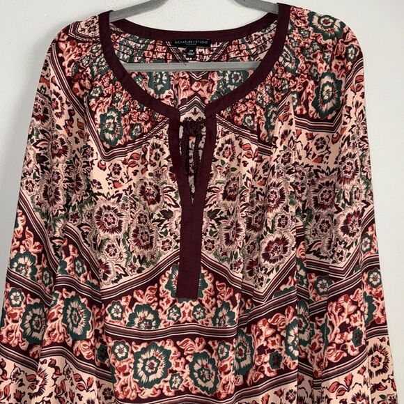 Signature Studio Blouse Womens Plus 3X Long Sleeve Bohemian Floral Beige Red - Picture 4 of 8